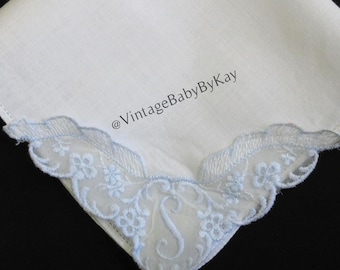 S Monogram Vintage White Cotton Hanky with Blue Embroidery on Lace Corner, Something Old Wedding