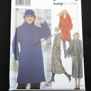 May include: Simplicity sewing pattern 5406 featuring coat designs. The pattern includes a long navy blue coat, a red coat with a hood, a leopard print coat, and a gray coat with fringe. The pattern size is BB, L, XL.