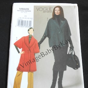 May include: A Vogue Patterns sewing pattern envelope V8605 featuring illustrations of two outfits. One shows a red coat with yellow trousers, and the other shows a dark gray cape-style jacket with a matching skirt, black gloves, and a handbag.