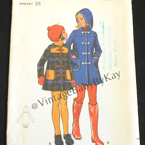 May include: A Butterick 3365 sewing pattern envelope for a hooded coat in size 6 with a 25-inch breast measurement. The illustration shows two children wearing hooded coats with toggle closures, one in a green plaid and one in solid blue.