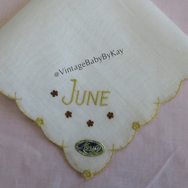 June Monogram Vintage White Wedding Hanky Embroidered Handkerchief Golden Tan and Brown Embroidery Name June Gift Hankie Switzerland NWT