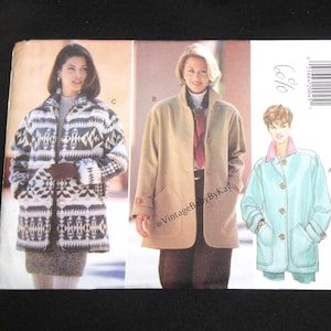 May include: A Butterick 3640 sewing pattern envelope featuring illustrations of three jacket styles. One jacket has a black and white geometric pattern, another is solid tan, and the third is a light blue jacket with a pink collar.