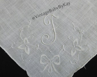 F Monogram Vintage Hanky White Embroidery on White Linen, Shadow Embroidery, Something Old Tears of Joy Wedding Hankie Letter F