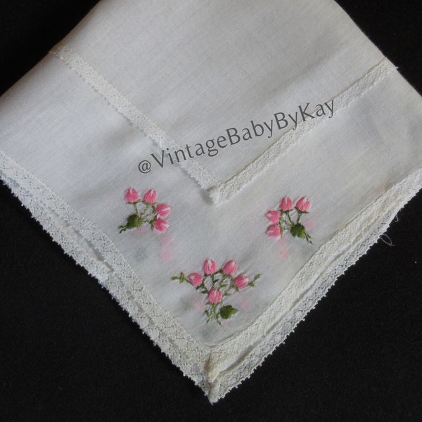 Lace Trimmed White Cotton Hanky with Pink Roses, Dainty Tiny Lace, Pink Green Embroidery, Tears of Joy Something Old Bridesmaid Gift