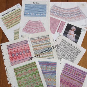 May include: A collection of vintage knitting patterns featuring colorful geometric and floral designs. The patterns include various color palettes, with examples in pink, green, blue, and purple. Some patterns have the names "Cynthia" and "Rebecca's Pride".