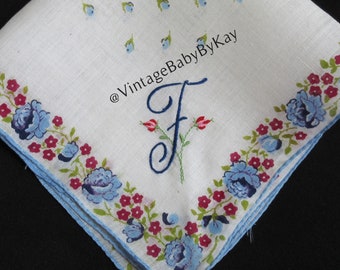 F Monogram Vintage White Hanky Blue Rose Print Handkerchief w Embroidered Letter F Dark Blue, Something Old Something Blue Wedding