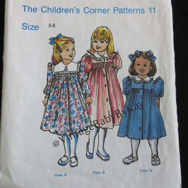 Children's Corner pattern Bessie size 3 - 4 Sewing Pattern Girl Dress Front Opening with Collar and Sleeve Variations 80s Smocking OOP