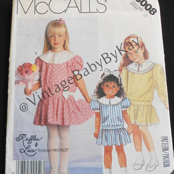 McCall's 3008 pattern size 3 OR 6 Girl Dropwaist Dress w Round Collar, Vintage 80s Fashion, Short or Long Sleeves, Design by Ruffles & Lace