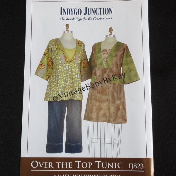 Over the Top Tunic Pattern IJ823 by Indygo Junction, size S-XXL Adult Woman Pullover Tunic or Dress with 3/4 Sleeve or Sleeveless, Loose Fit