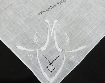 M Monogram Vintage White Linen Wedding Hanky Madeira Style Applique Handkerchief Something Old