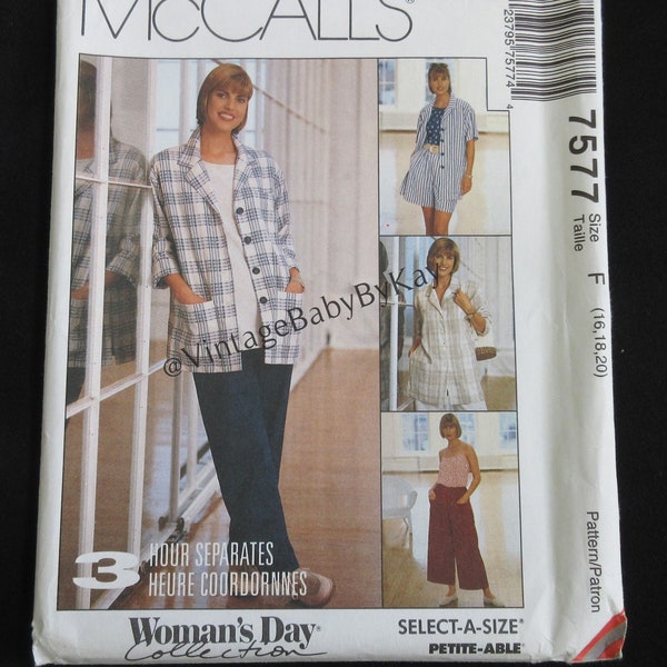 McCall's 7577 size 16-18-20 Adult Woman Separates, Unlined Boxy Jacket w Pull-On Pants Shorts & Culotte, Career or Casual Vintage 90s