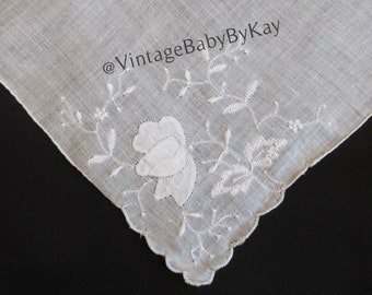 White Linen Madeira Applique Handkerchief, White on White Rose Design, Something Old Wedding, Bridesmaid Mother of Bride Gift Hankie