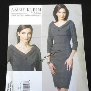 Vogue Anne Klein Designer Pattern 1254 size 8 10 12 14 American Designer Dress Adult Woman, Wide Neckline with Double Collar, Uncut
