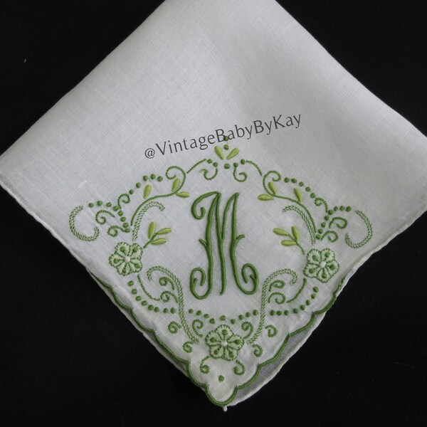 M Monogram Hanky Vintage White Linen Wedding Handkerchief with Green Embroidery, Something Old Tears of Joy Hankie, Bridesmaid Gift Letter M