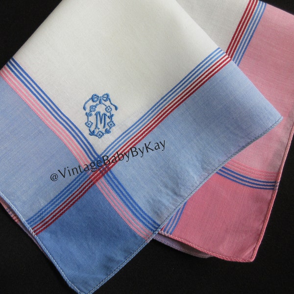 M Monogram Hanky Vintage Plaid Handkerchief Pink Blue & Red on White, Blue Embroidered Letter M, Fun Casual Cotton Print, Gift Hankie