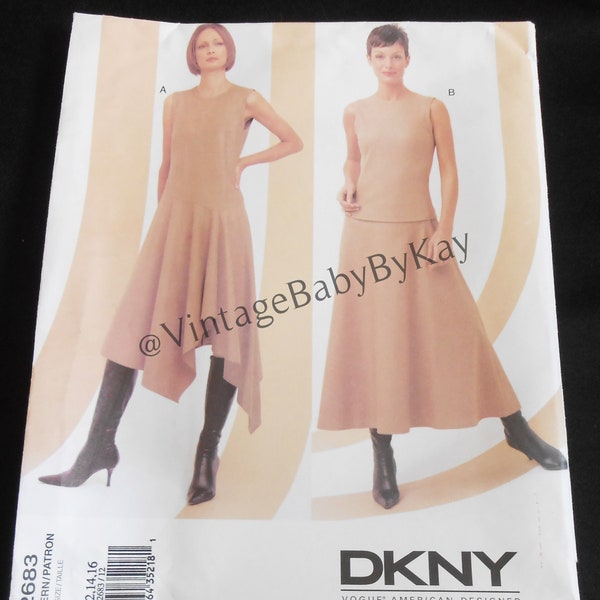 Vogue Donna Karan DKNY Pattern 2683 size 12 14 16 Adult Woman, American Designer Drop Waist Sleeveless Dress, Bias Cut Top and Flared Skirt