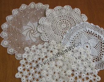 Ecru Cream Color Lace Doily Lot of 5, Round Shapes 9" - 11.5", Vintage Lacy Centerpiece Table Linens, Mix and Match Decor Party Wedding