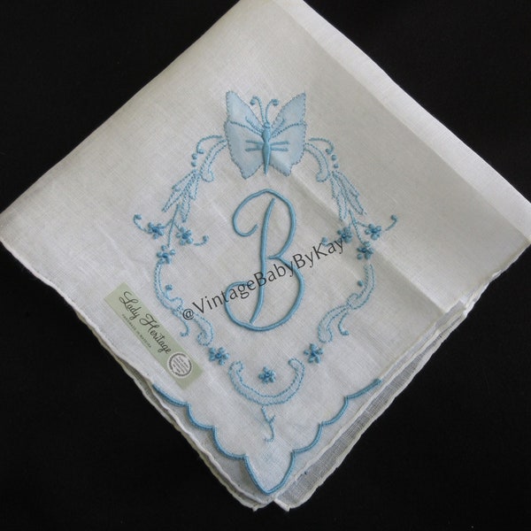 B Monogram Hanky Vintage White Linen Wedding Handkerchief, Blue Madeira Applique Butterfly & Embroidery, Something Old, Letter B Hankie NWT