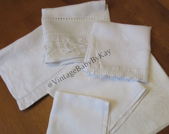 White Damask Cutter Towels & Napkins, Lot of 6 Large Vintage Linens w Crochet Hemstitching and Pretty Details, Flaws for DIY Upcycle Crafts