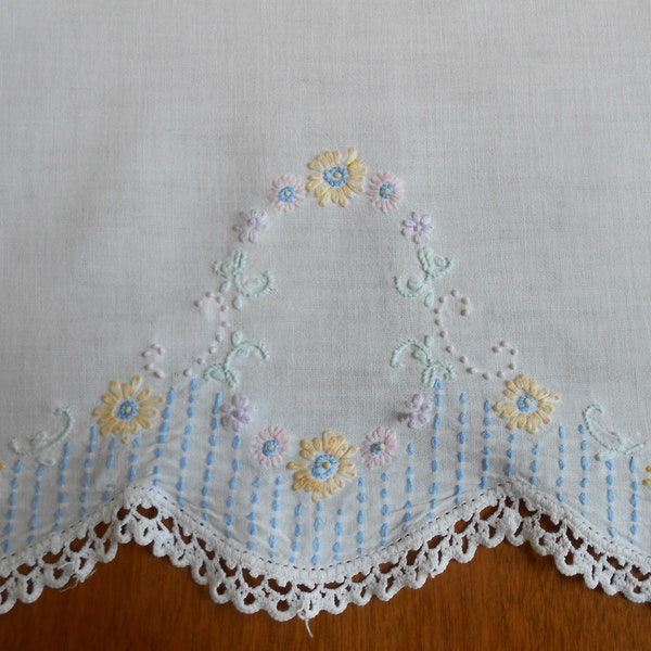 Embroidered Dresser Scarf Vintage White Cotton w Crochet Lace, Blue Pink Lavender Yellow Green Embroidery, Mantel Scarf Runner 18" x 40.5"
