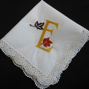 E Monogram Hanky w Fall Leaves, Embroidered Handkerchief Initial E Gold Monogram, Brown & Rust Leaves, Something Old Hankie, Fall Colors