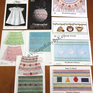 Smocking Plates Lot of 9 Vintage Designs by Various Designers, Pumpkin Bunny Animals Geometrics, Christmas Ball
