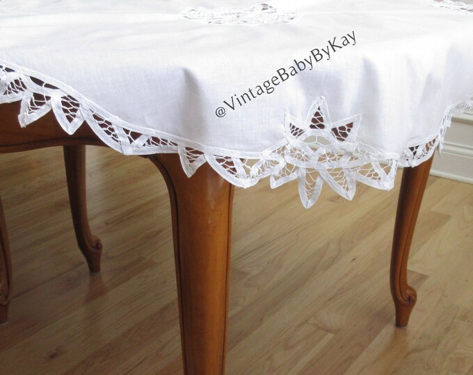 White Battenburg Lace Tablecloth Vintage Round 33.5, All Cotton Elegant