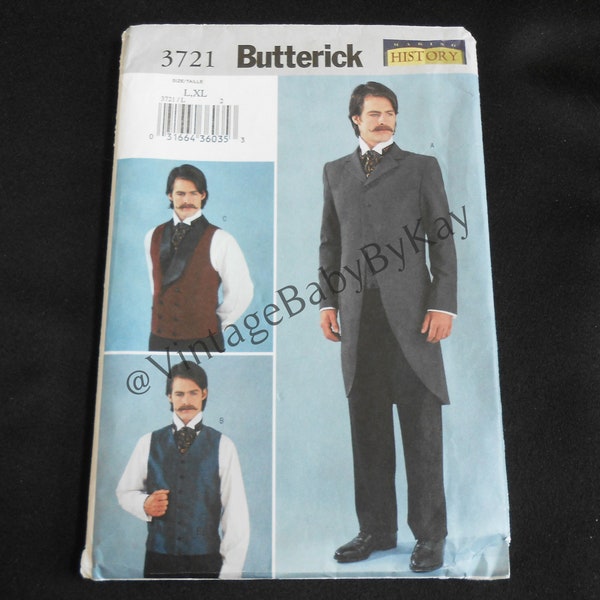 Butterick pattern 3721 size L-XL Men's Victorian Costume Cutaway Morning Jacket Coat Vest, chest sz 42-48, Drama Re-enactment Cosplay