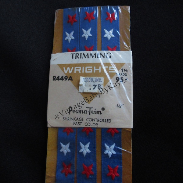 Embroidered Star Ribbon Trim Royal Blue with Red and White Stars, Vintage Wrights Trimming Sewing Supply, 1.5 yards x 5/8" wide, New in Pkg