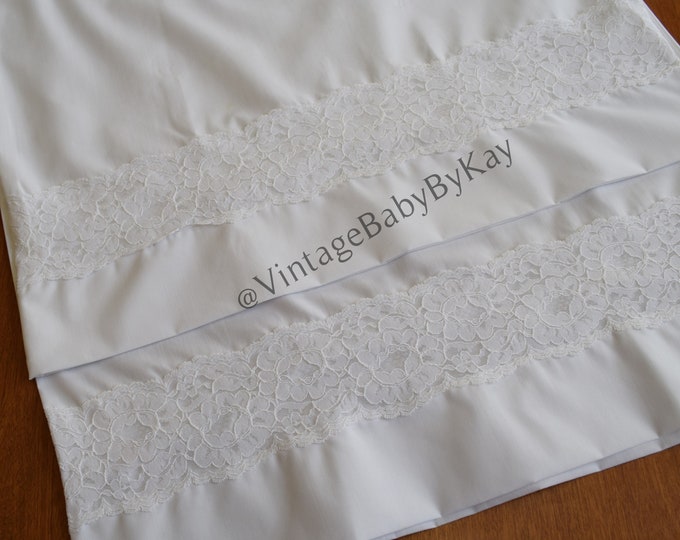 Pair White Pillowcases With Wide Lace Band, Cottonpoly Blend Retro
