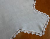 Linen Table Runner with Crochet Lace, Vintage White on White, Elegant Shaped Edge Table Topper Holiday Linens Wedding Linens, 15.5 quot x 27.5 quot