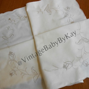 Cutwork Tablecloth Square Table Topper Pale Cream with Ecru Rosebud Embroidery 33&quot; Luncheon Size, Elegant Cotton Wedding Linens, Party Decor