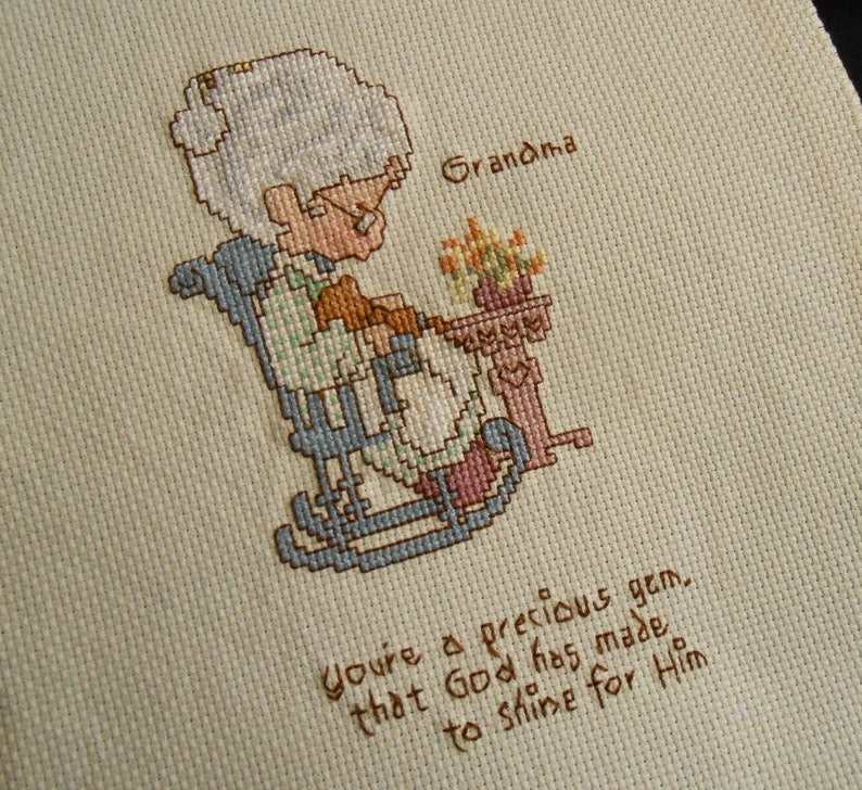 Grandmother Gift Mother/'s Day Grandma Cross Stitch Sampler Vtg Hand Embroidery Blue Brown White on Ivory Aida 8.75 x 12 Ready to Frame