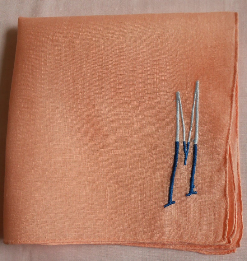 Gift Letter M Mother/'s Day M Monogram Vintage Peach Linen Hanky w 2-Tone Blue Embroidery Wedding Handkerchief Something Old Bridesmaid