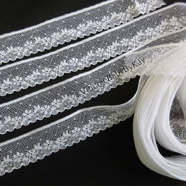 Lace Yardage Edging White Floral and Dot Pattern, 1" wide Imported French Val Trim, Heirloom French Machine Sewing 18+ yards available