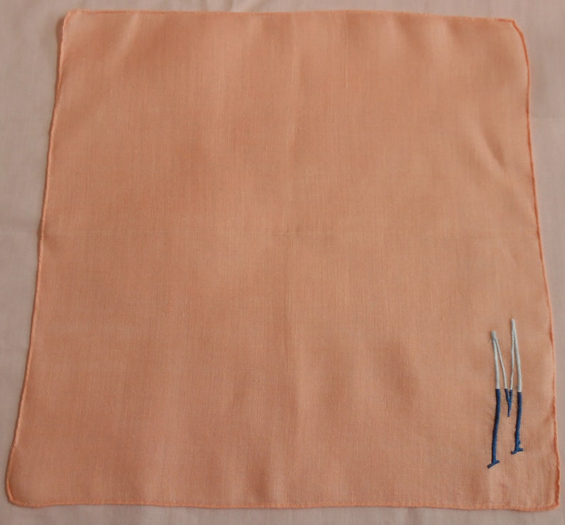 Gift Letter M Mother/'s Day M Monogram Vintage Peach Linen Hanky w 2-Tone Blue Embroidery Wedding Handkerchief Something Old Bridesmaid