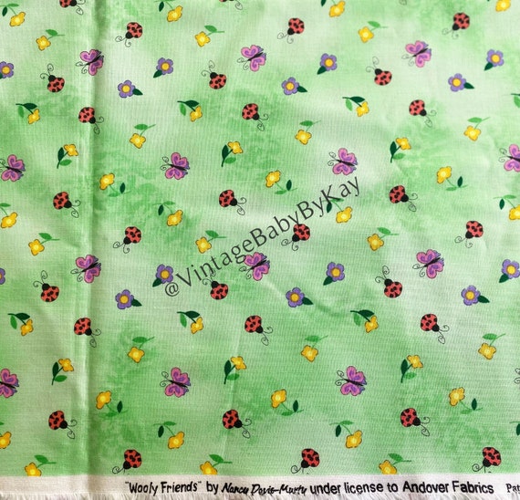 Butterfly Ladybug Cotton Print Fabric Yardage, Colorful Green Red Yellow Pink "Wooly Friends" by Andover Fabrics, 2.66 yards by 44.5"