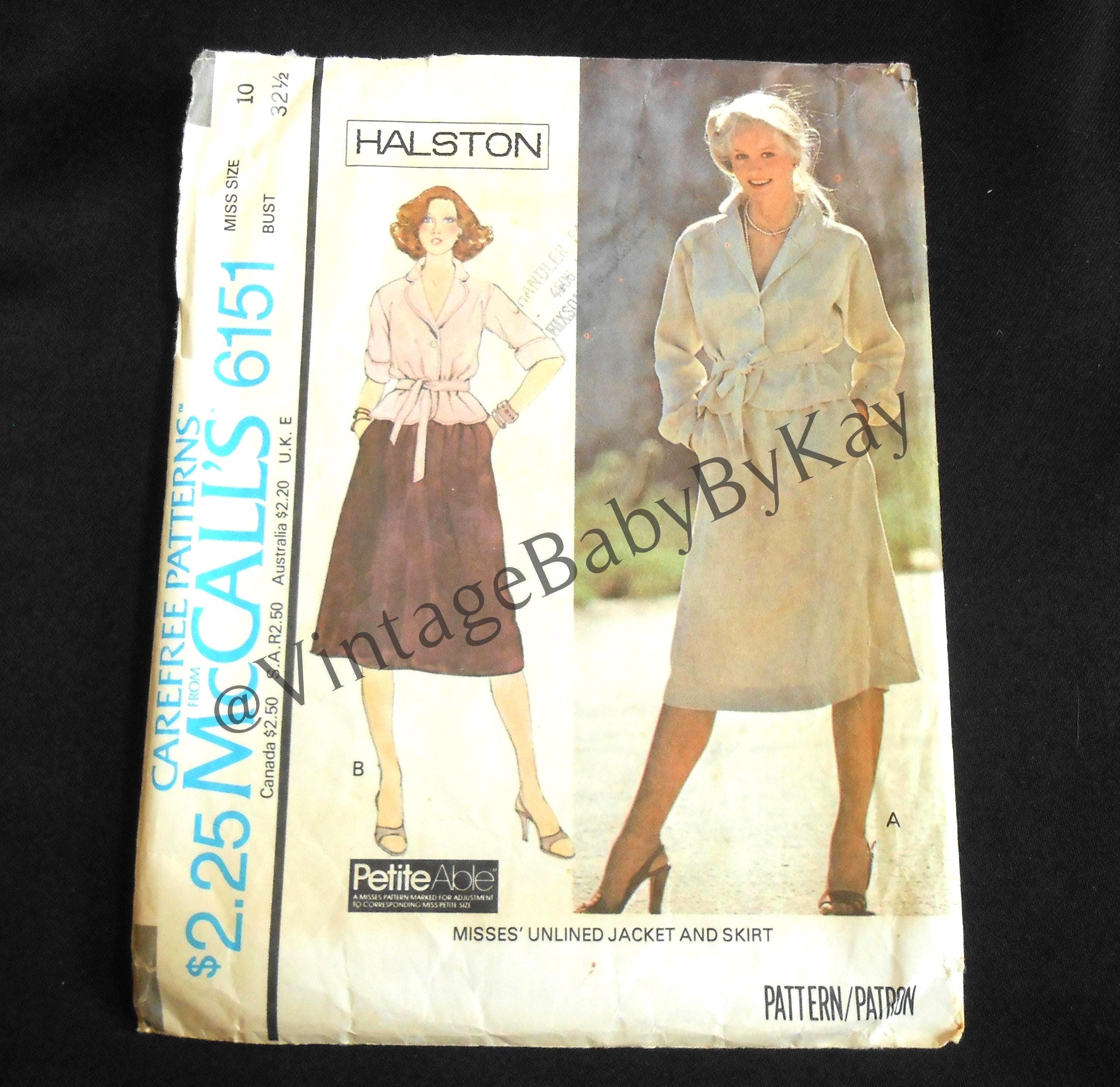 Halston, Halston Designer Pattern McCall 6151 size 10, Vintage 70s Unlined Jacket and Skirt, Long or Short Cuffed Sleeves, Belted Jacket