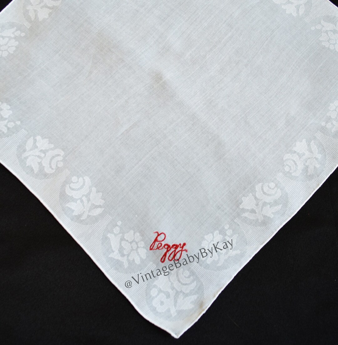 Peggy Monogram Hanky Vintage White Cotton Handkerchief With Berry Red