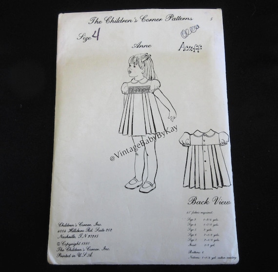 Children's Corner pattern Anne size 4 OR 7 Girl Pleated Dress with Smocked Inset, Vintage 80s Heirloom Sewing for Children