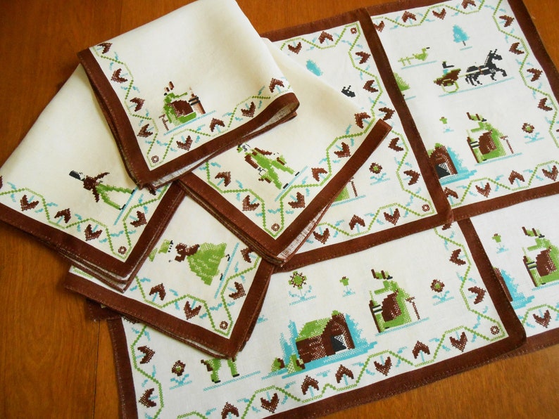 Farmhouse Print Placemat Set 4 Placemats & 4 Napkins Vintage Etsy