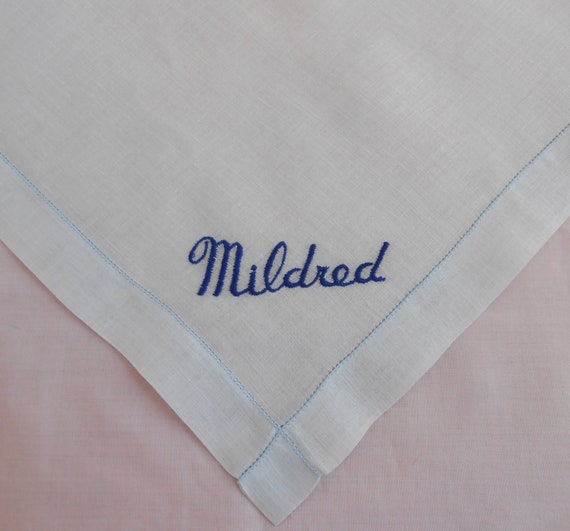 Mildred Monogram Vintage Hanky Blue Linen with Ro… - image 4