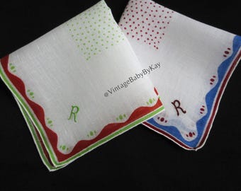 R Monogram Vintage Print Hanky with Embroidered Initial, Choice of Red-Blue OR Green-Rust, Something Old Wedding