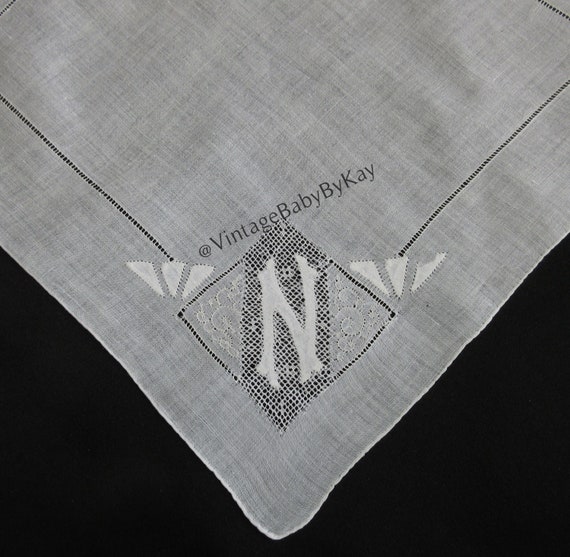 N Monogram Vintage White Linen Hanky White Embroi… - image 1
