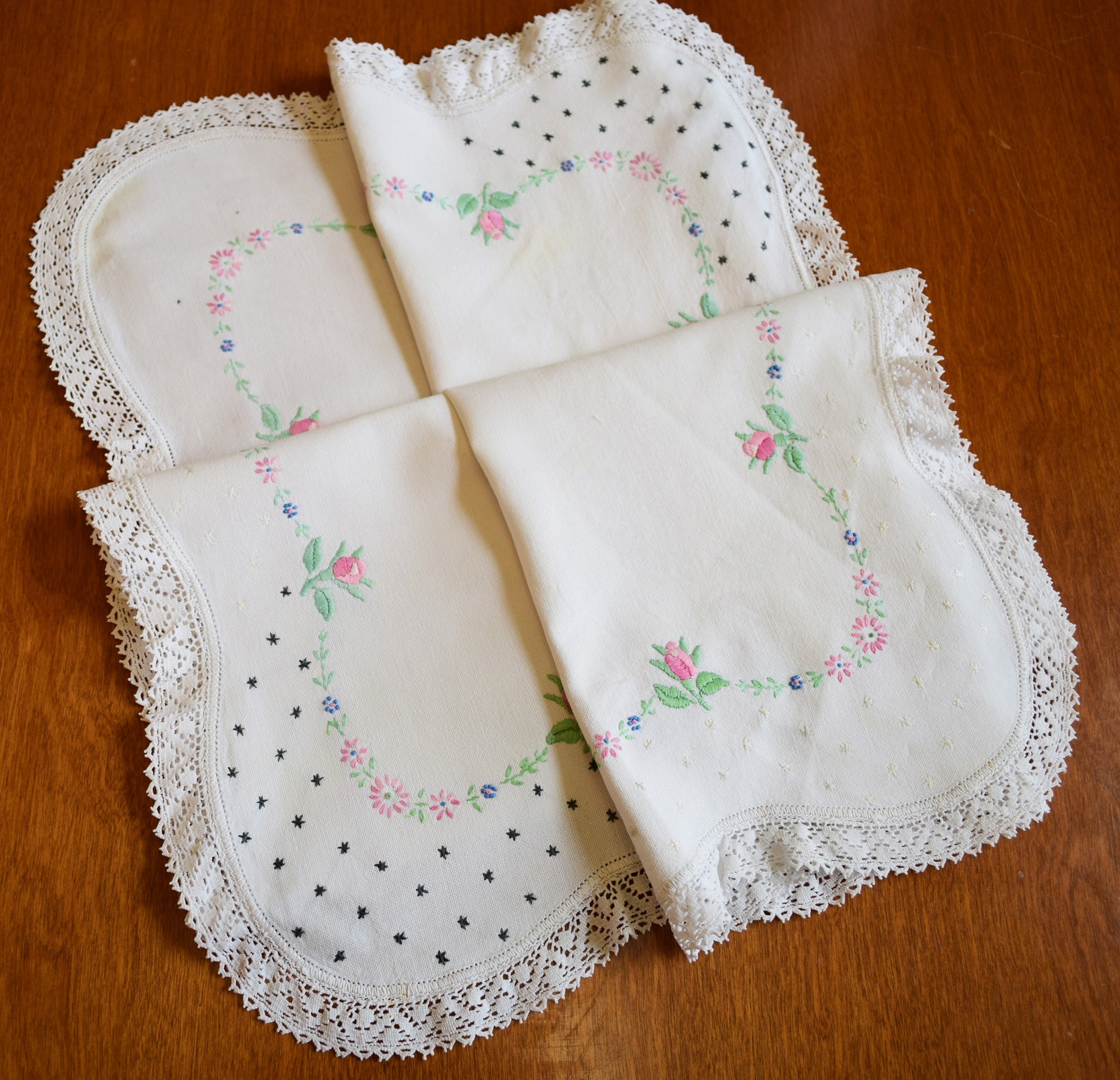 Hand Embroidered Cotton Tablecloth Flower Border Blue Pink Etsy