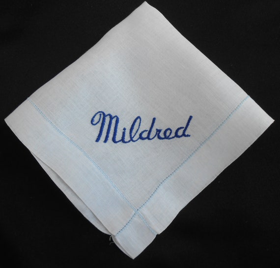 Mildred Monogram Vintage Hanky Blue Linen with Ro… - image 2