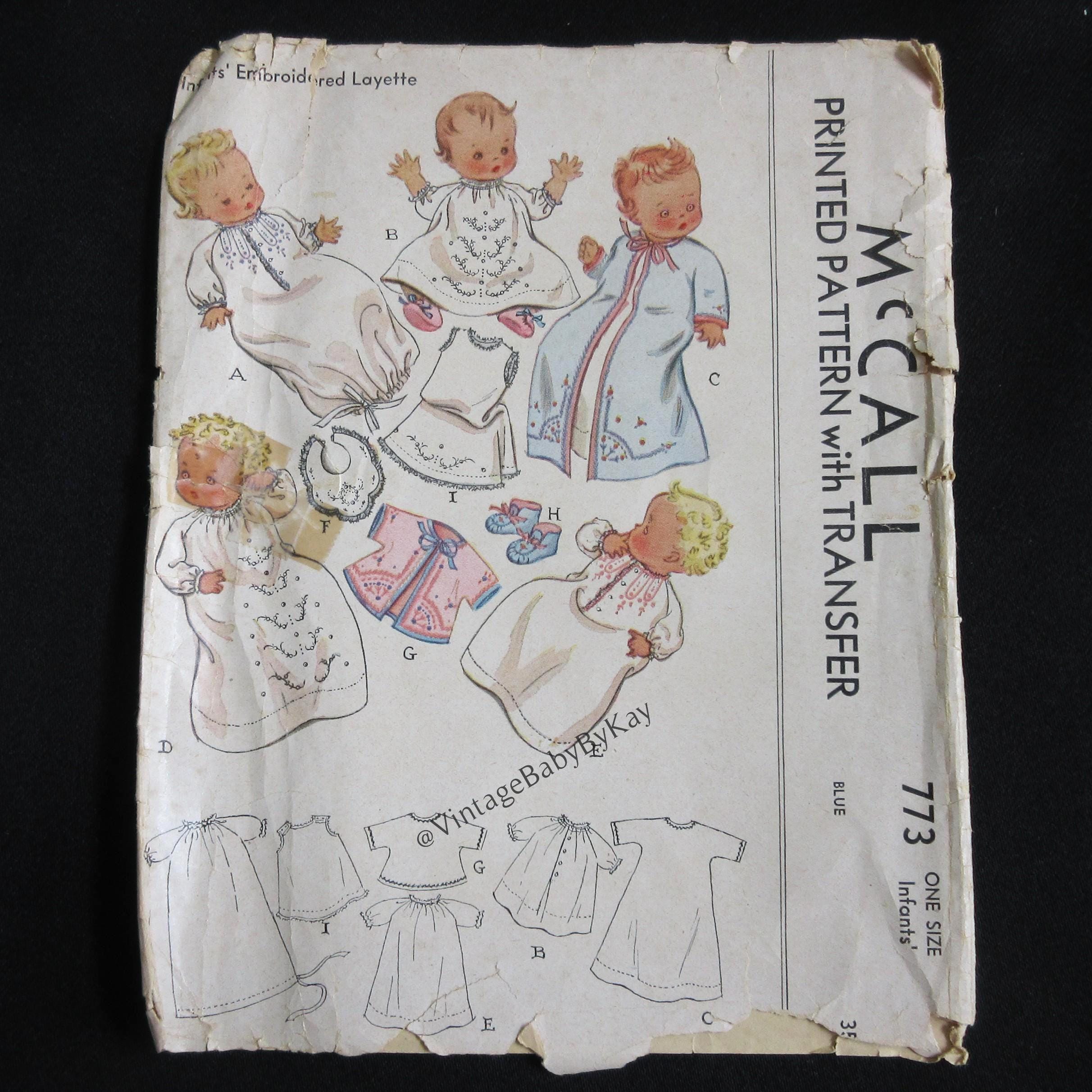 McCall's pattern 773 infant size Embroidered Layette Nightgown Dress Slip Kimono & Booties, Infant Sewing Vintage 40s, Baby Shower Gifts