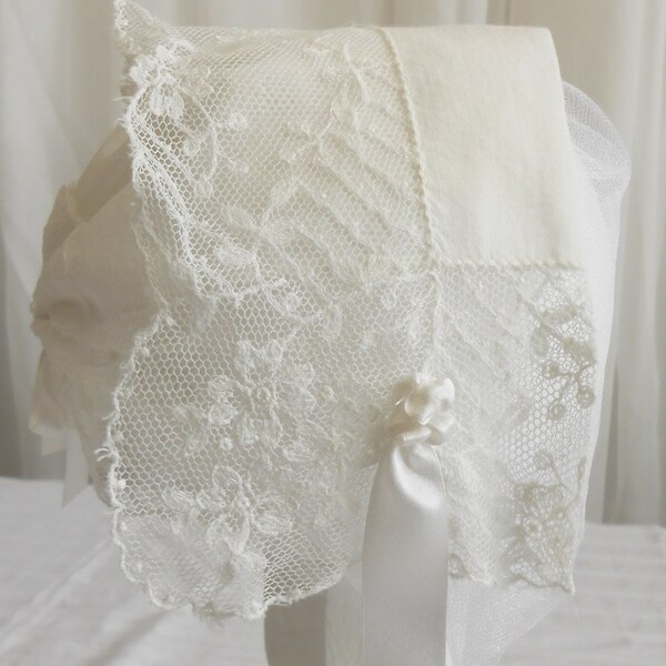 Wide Lace and Soft White Batiste Heirloom Hanky Bonnet, Elegant Christening or Dedication Infant Cap 11.75"
