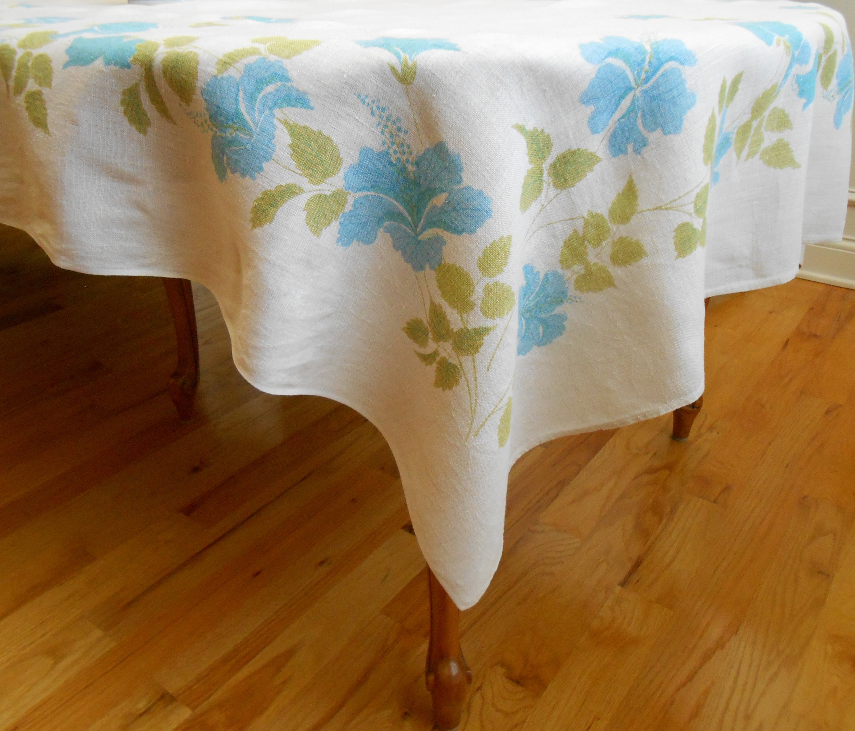Linen Tablecloth Blue and Green Floral Print on Ivory Linen Etsy