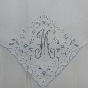 M Monogram White Hanky Gray Embroidery Openwork Vintage Wedding Handkerchief, Something Old, Gift Hankie Letter M